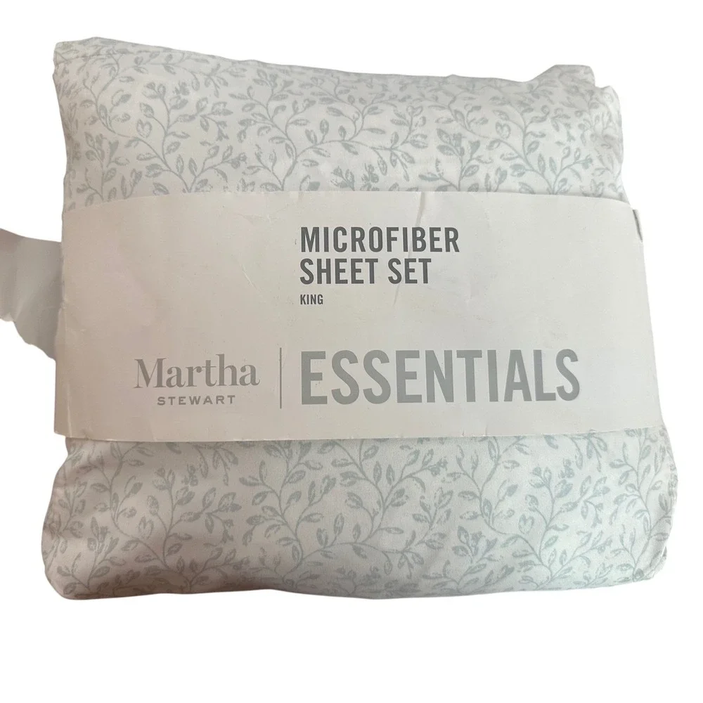 NEW Martha Stewart Essentials‎ Microfiber King Sheet Set Slate Blue Floral Vine